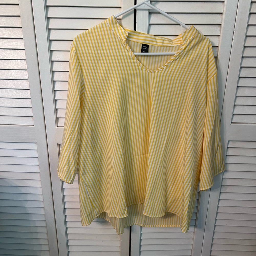 SHEIN Yellow and White Striped V-Neck Blouse